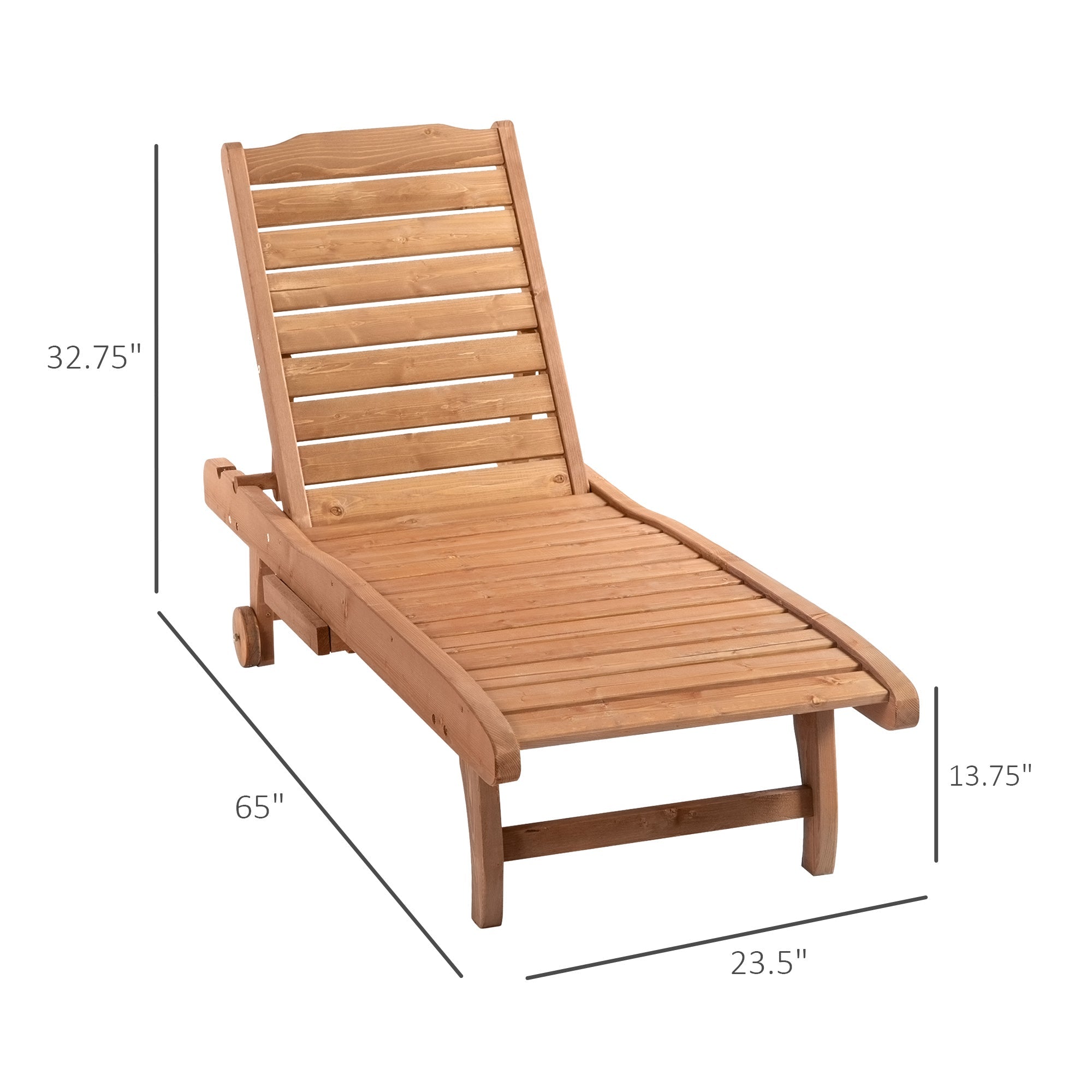 Outsunny Adjustable Wooden Chaise Lounge Outdoor Patio Recliner Garden Furniture with Pullout Tray and 2 Wheels 