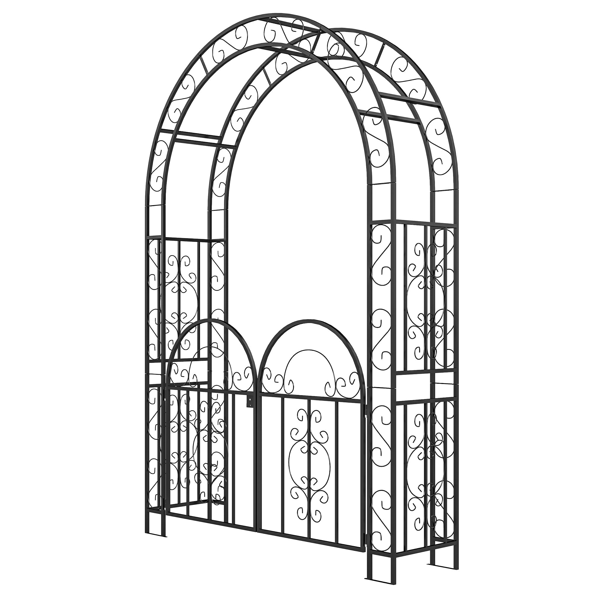 Outsunny 7.4ft Steel Garden Arch with Gate, Garden Arbor Trellis for Climbing Plants, Roses, Vines, Wedding Arch for Outdoor, Garden, Lawn, Backyard, Black 