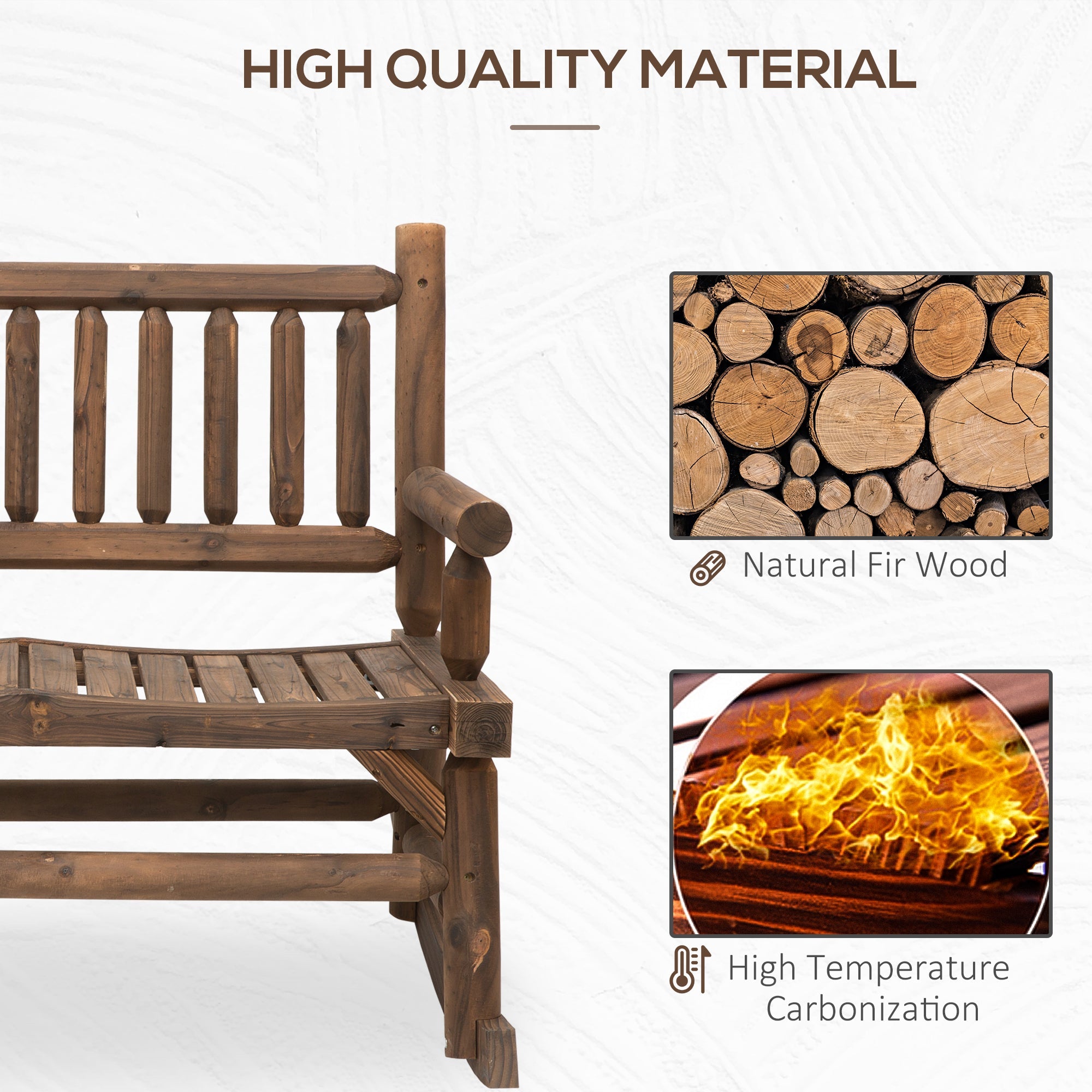 Outsunny Rustic Serenity: Outdoor Rocking Bench, 2-Person Wood Patio Rocker with Slat Back and Seat, Carbonized Finish 