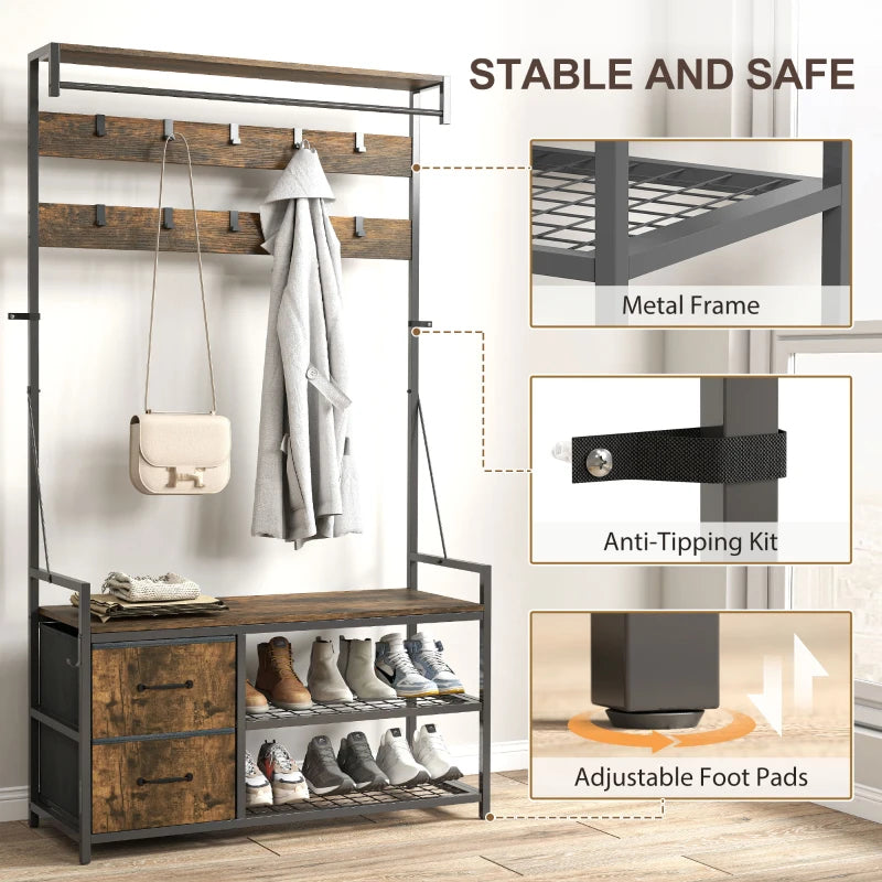 6-In-1 Hall Tree with Shoe Storage, Coat Rack Shoe Storage with 10 Hooks, 2 Fabric Drawers, Rustic Brown