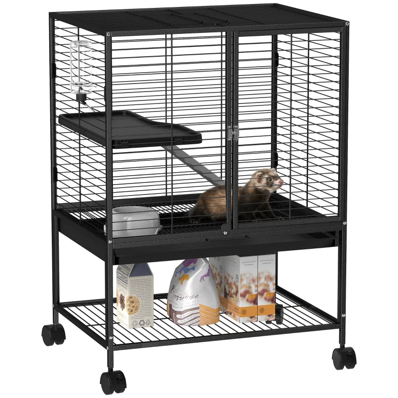 Rolling Small Animal Cage 34"H Chinchilla Cage for Ferrets, Squirrels w/ Removable Tray, Storage Shelf, Black