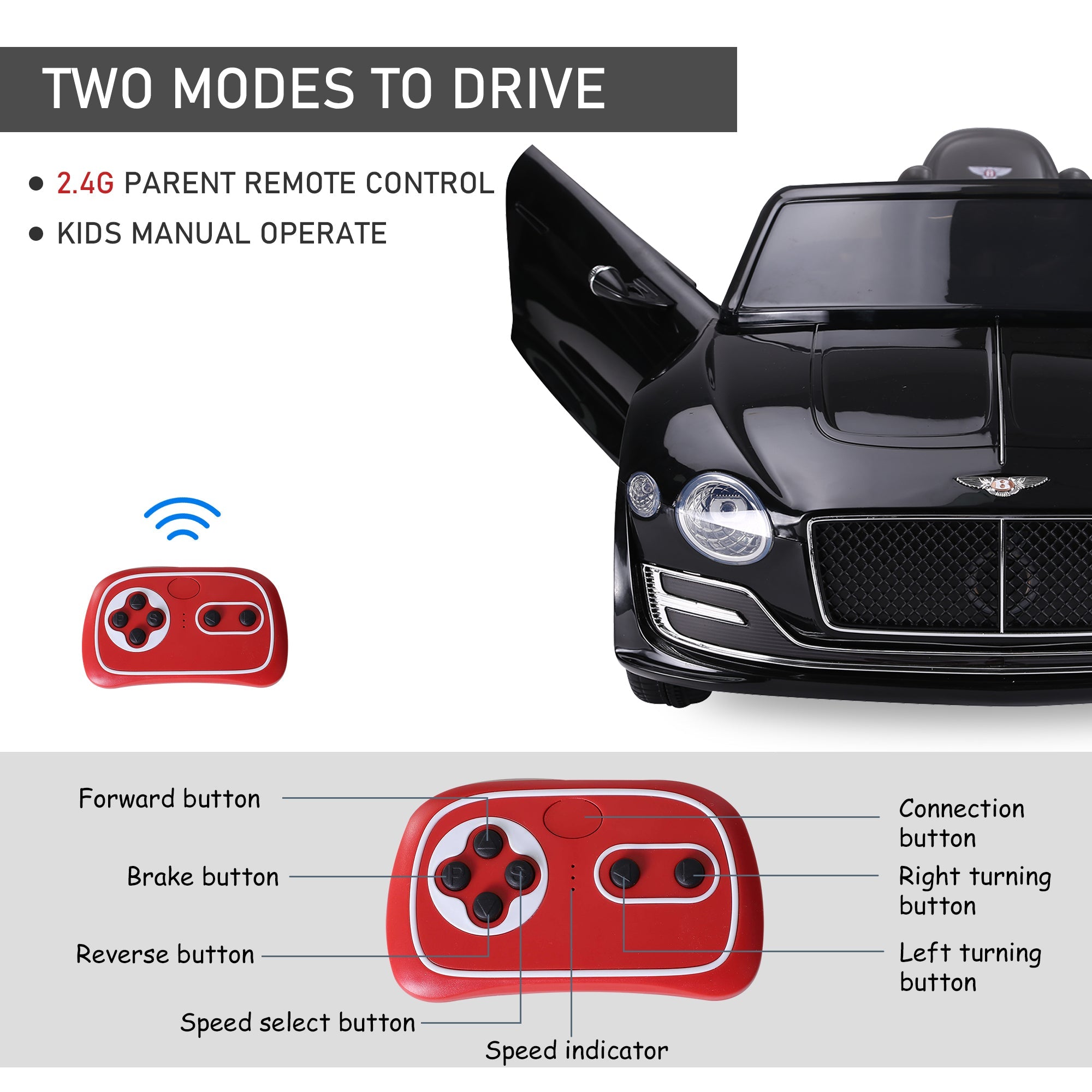Aosom Licensed Bentley Ride-On Car: 12V, Electric, Battery Powered, Remote Control, 2 Speed, Black 