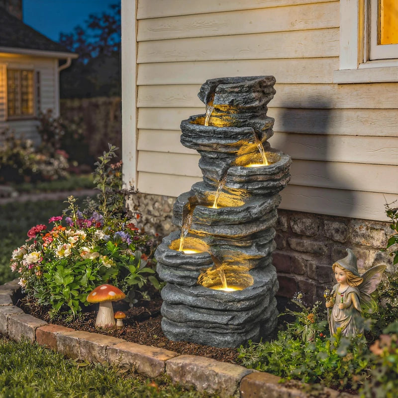 Outdoor 6-Tier Water Fountain, Waterfall Fountain with LED Lights, Resin Waterfall Feature with Pump, Grey