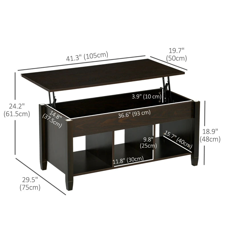 Lift Top Coffee Table, Modern Center Table with Storage Shelves and Hidden Compartment for Living Room, 41" L, Espresso