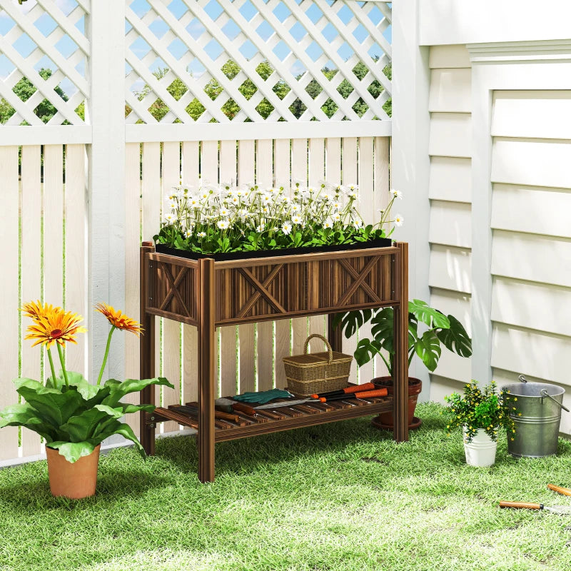 Wooden Raised Garden Bed, Elevated Planter Box with Storage Shelf, Drainage Holes and Liner, 34"x18"x30", Carbonized