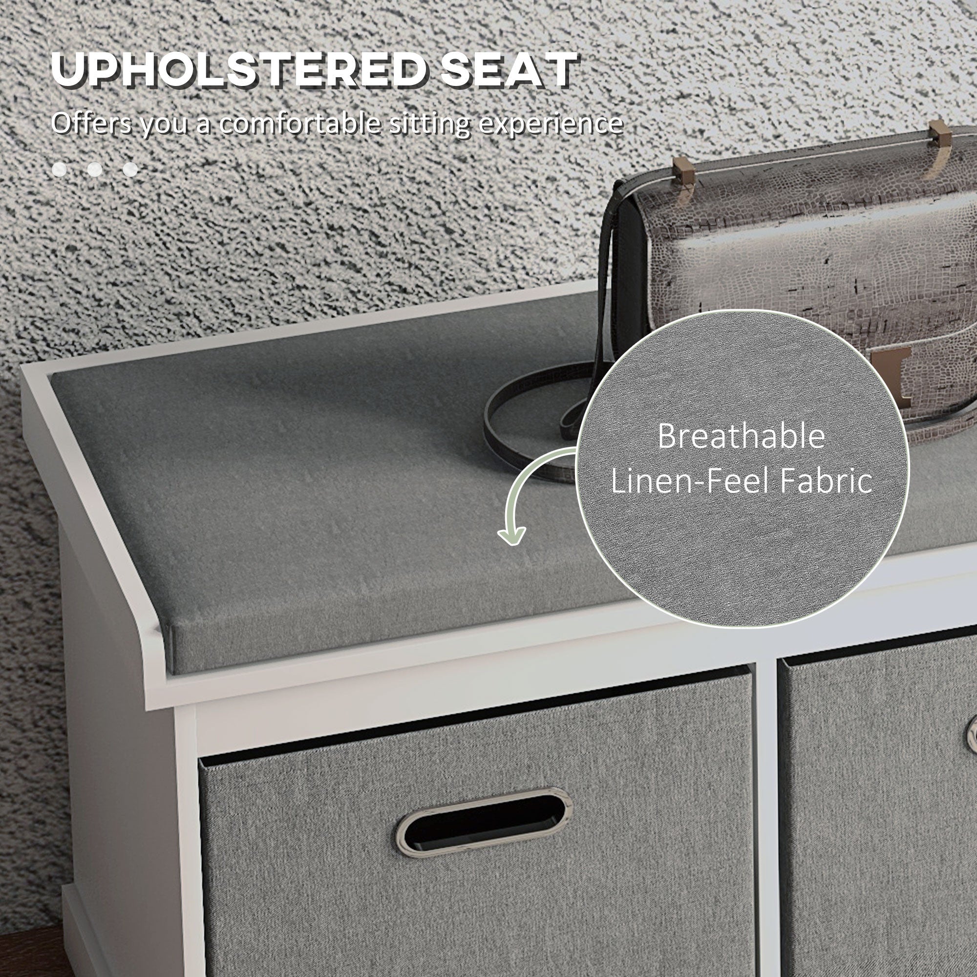 HOMCOM Shoe Storage Entryway Bench Seat with Cushion 2 Fabric Drawers for Hallway White 