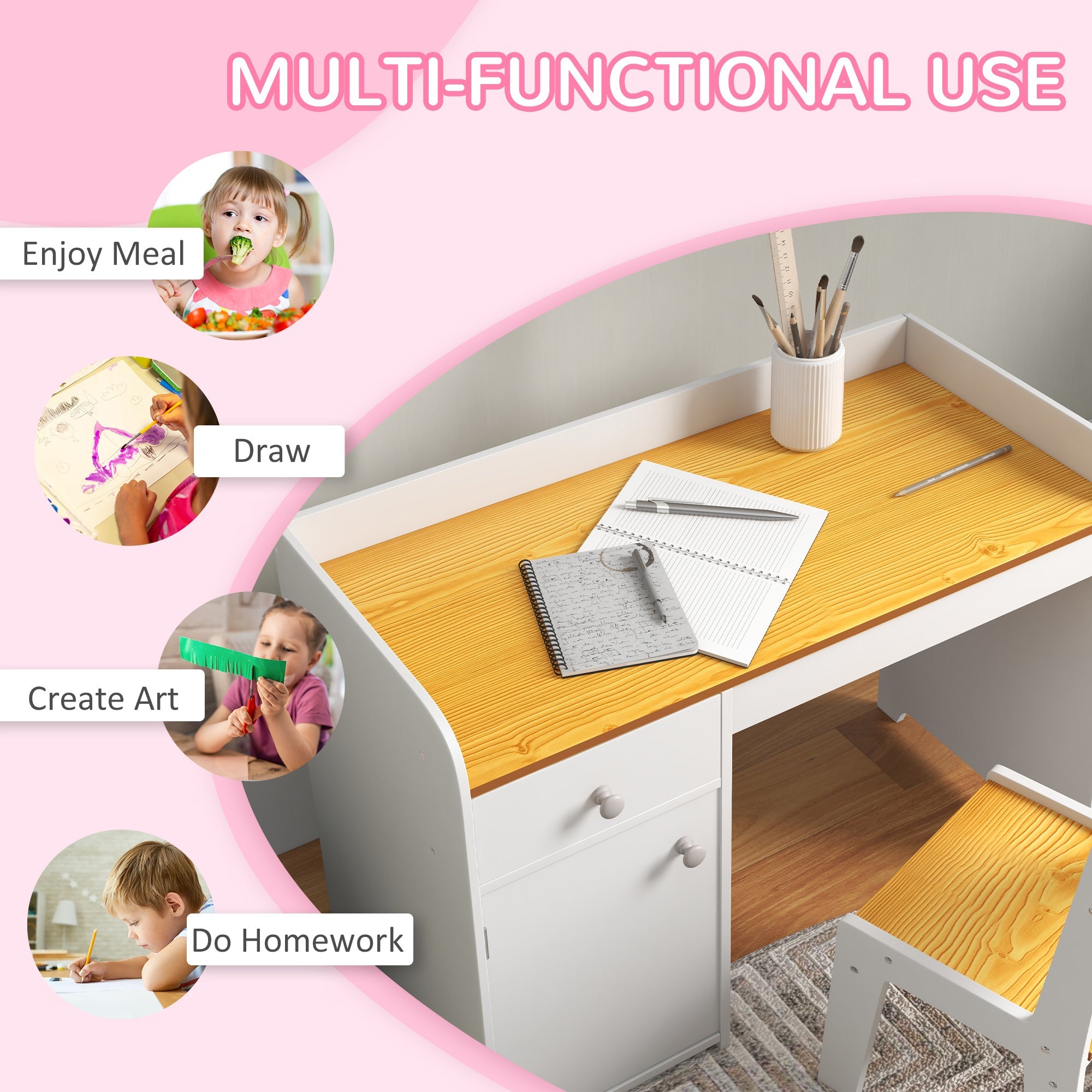 Qaba Kids Desk and Chair Set for 3-6 Year Old with Storage Drawer Study Table and Chair for Children White 