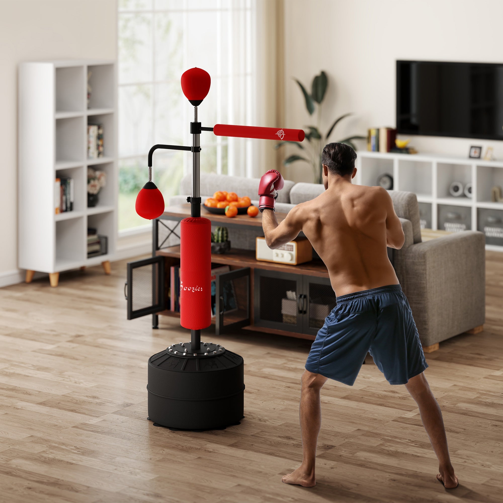 Soozier 3-in-1 Free Standing Punching Bag, Height Adjustable Boxing Bag with 2 Speed Balls, 360° Reflex Bar, Red 
