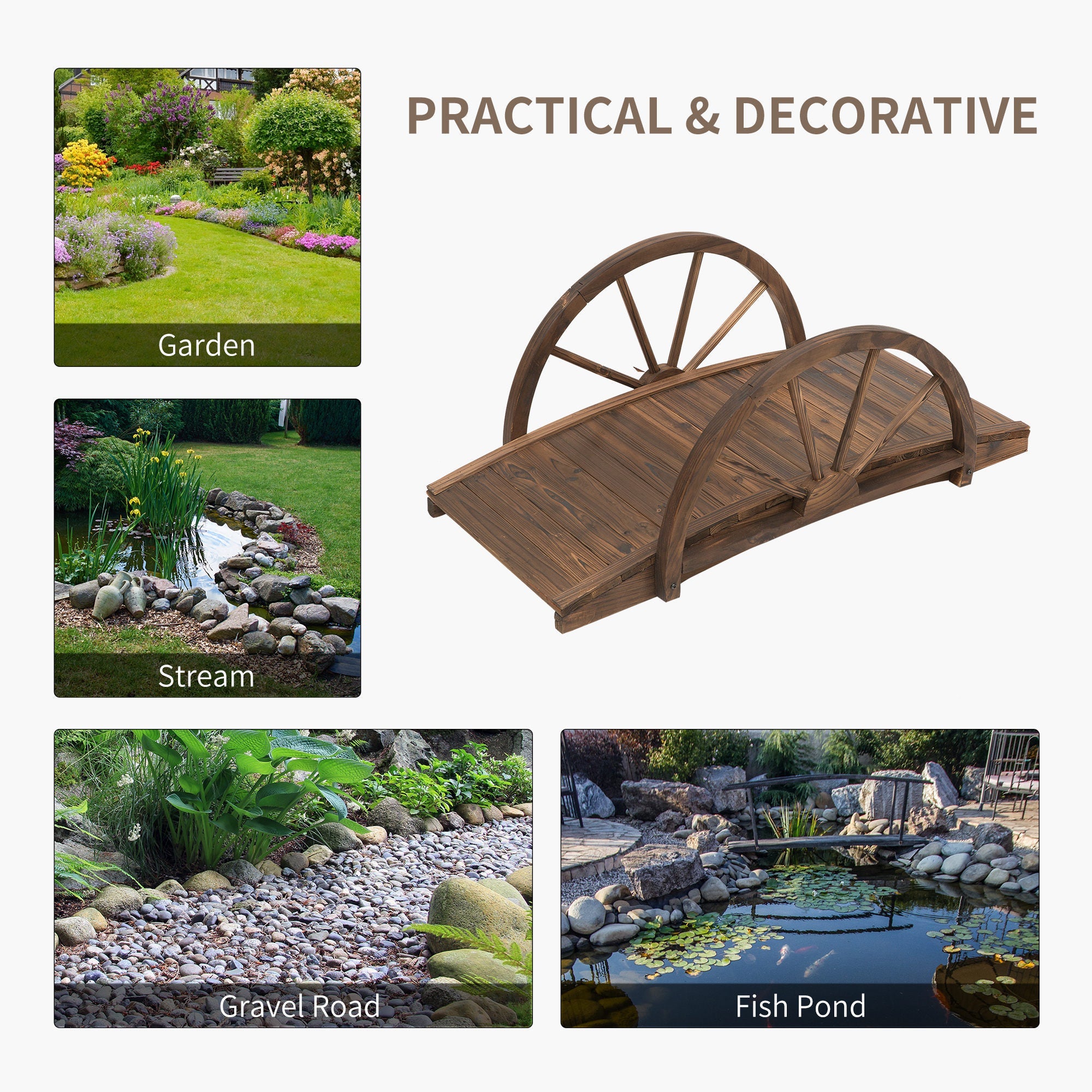 Outsunny 3.3ft Wooden Garden Bridge Arc Stained Finish Walkway with Half Wheeled Railings, Stained Wood 