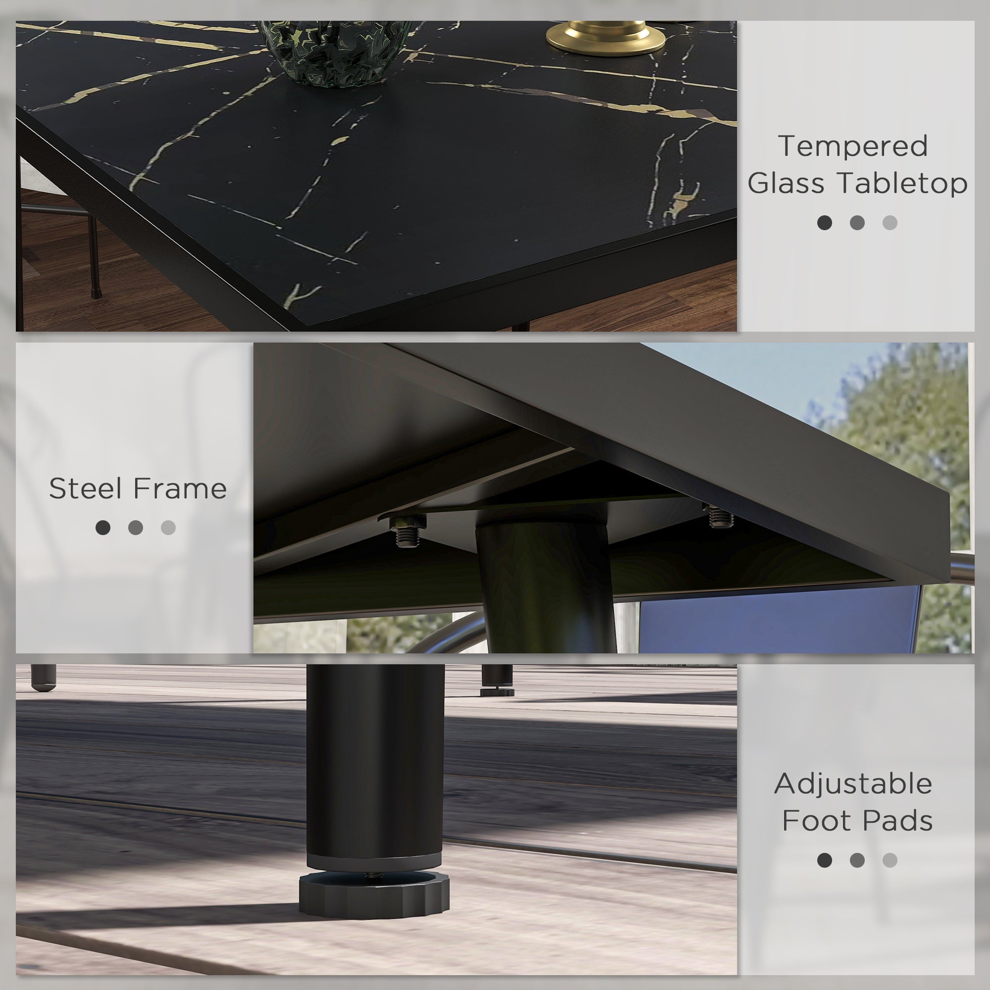 Outsunny Outdoor Dining Table for 4, Square Patio Dining Table with Marble Effect Tempered Glass Top and Steel Frame, Black 