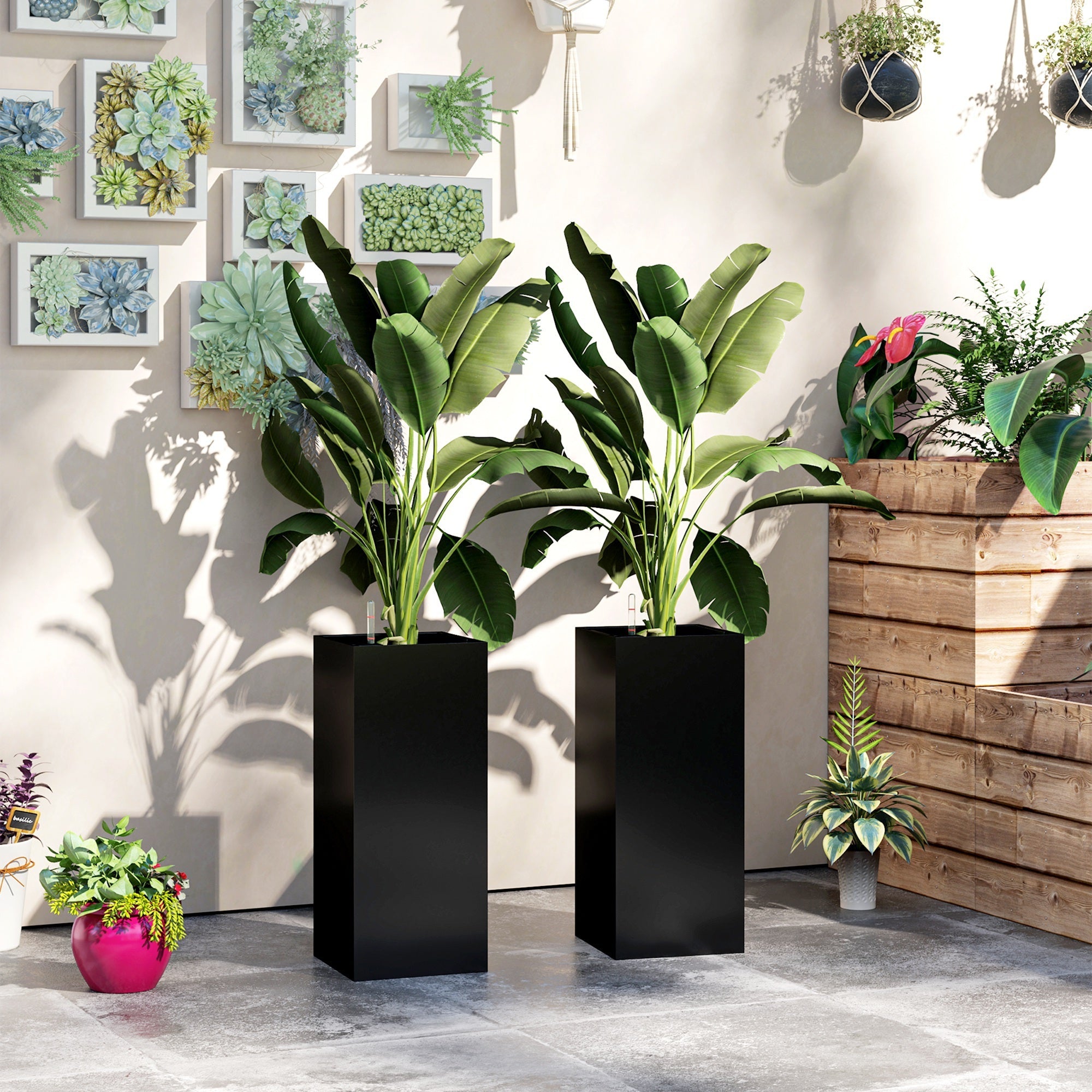 Outsunny 2 Pack Planter Box, 11 Inch Plastic Flower Pots with Water Level Indicator, Drainage Hole and Drain Plug, Black 