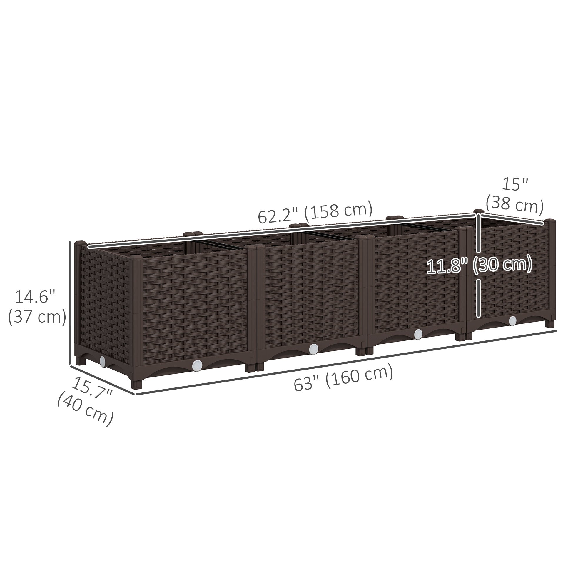 Outsunny Plastic Raised Garden Bed, Outdoor Planter Box with Drainage Holes for Patio, Balcony, 63" x 15.7" x 14.6", Brown 