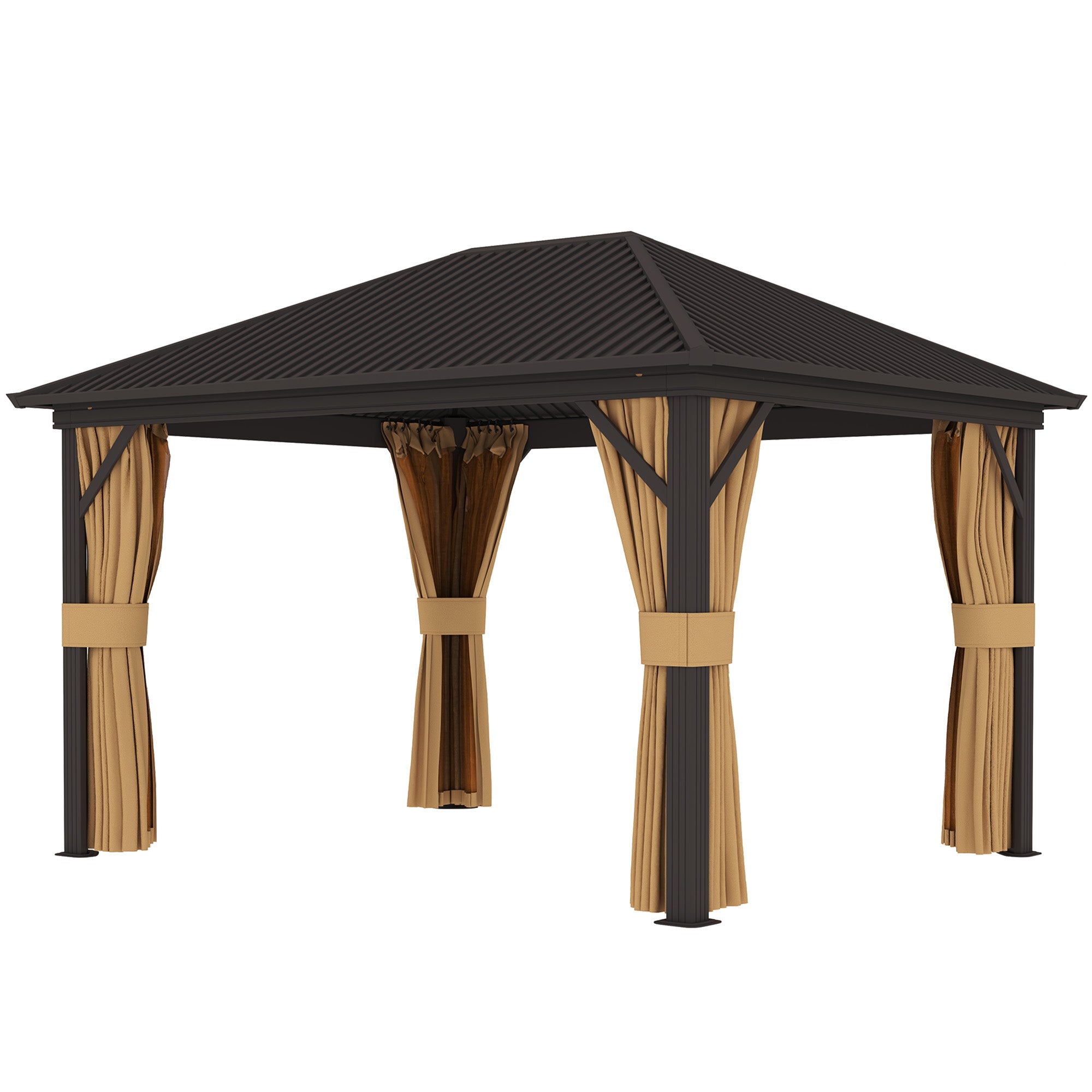 Outsunny 10' x 12' Outdoor Hardtop Gazebo Metal Roof Patio Gazebo with Aluminum Frame, Mesh Nettings, Brown 