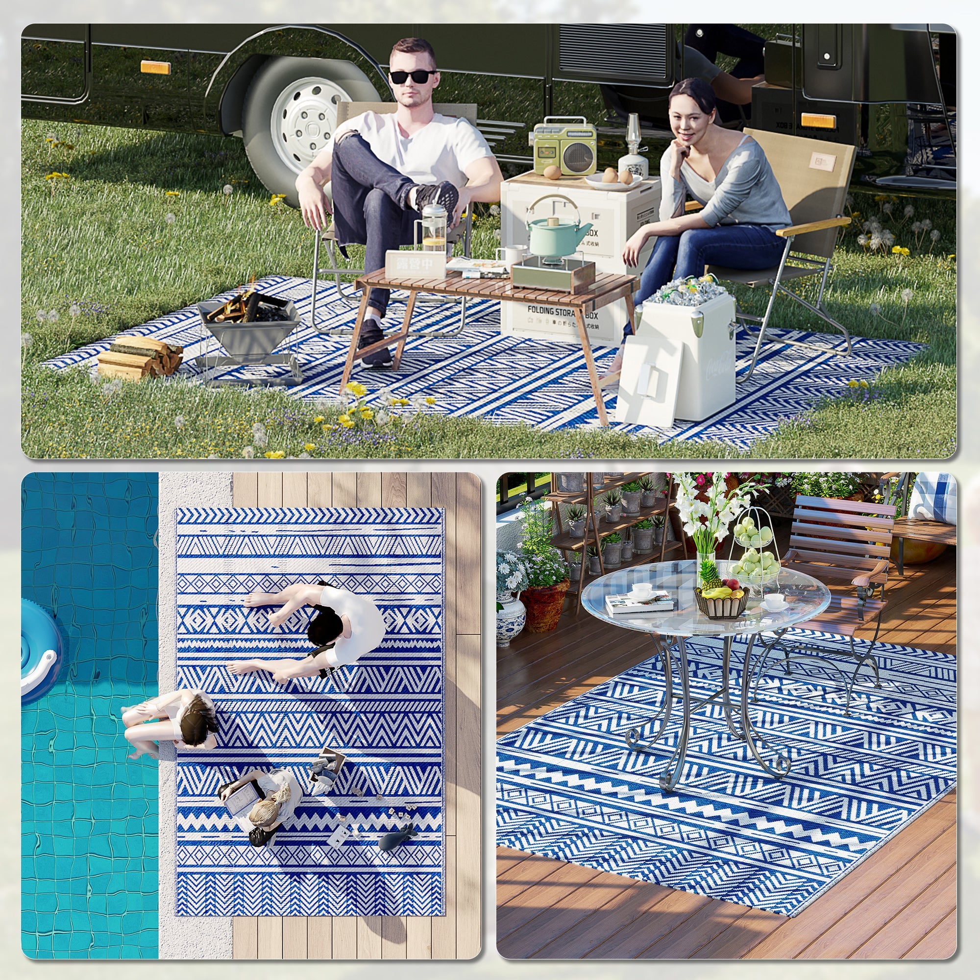 Outsunny Reversible Outdoor Rug, Patio Floor Mat, 6' x 9' Plastic Rug for Backyard, Deck, Beach, Camping, Dark Blue and White 