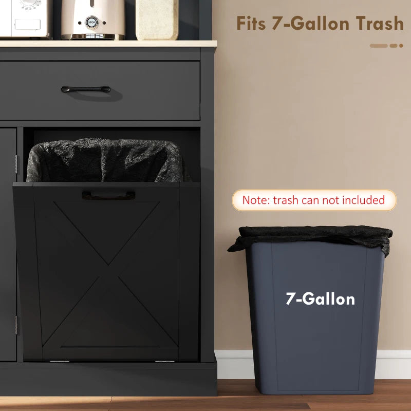 69" Kitchen Pantry Cabinet with Charging Station Kitchen Cabinet with Microwave Stand 7 Gallon Trash Can Cabinet Black