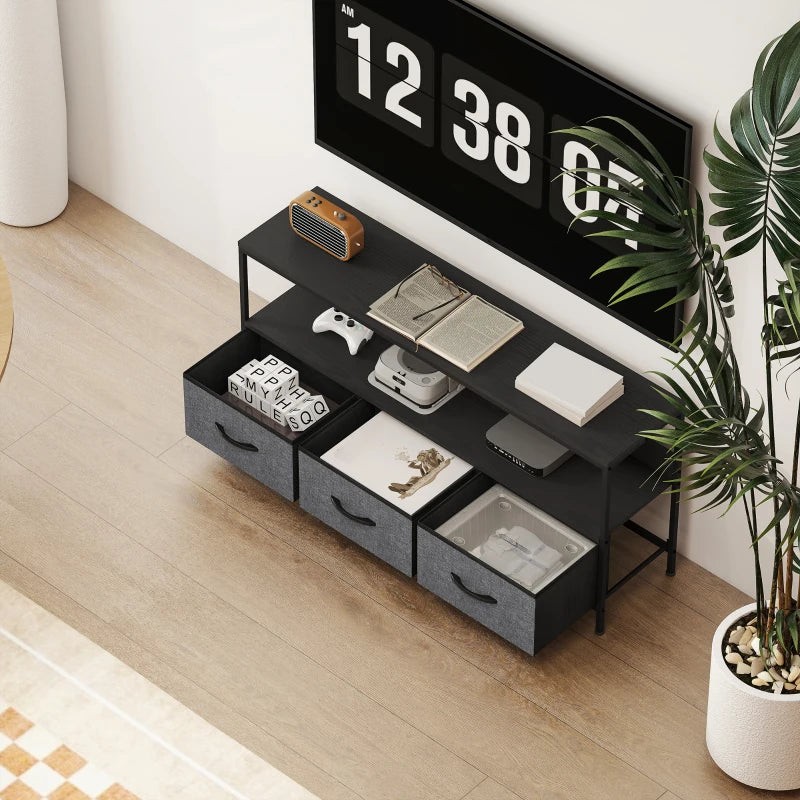 TV Stand with Charging Station, TV Table with 3 Foldable Linen Drawers and Open Shelf for 55 Inch Television, Black