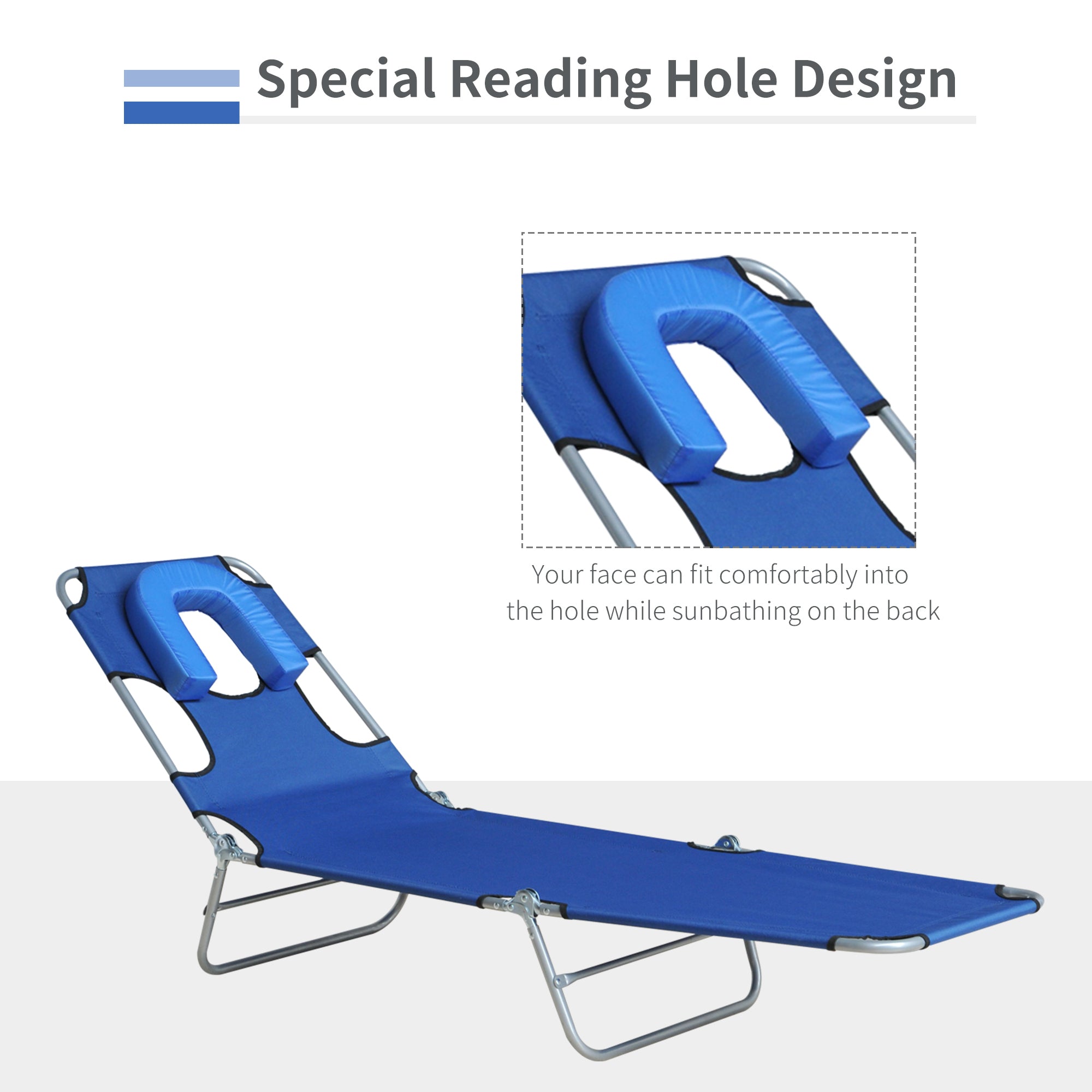 Outsunny Adjustable Folding Chaise Lounge with Face Hole Beach Camping Recliner Sunbed Blue 