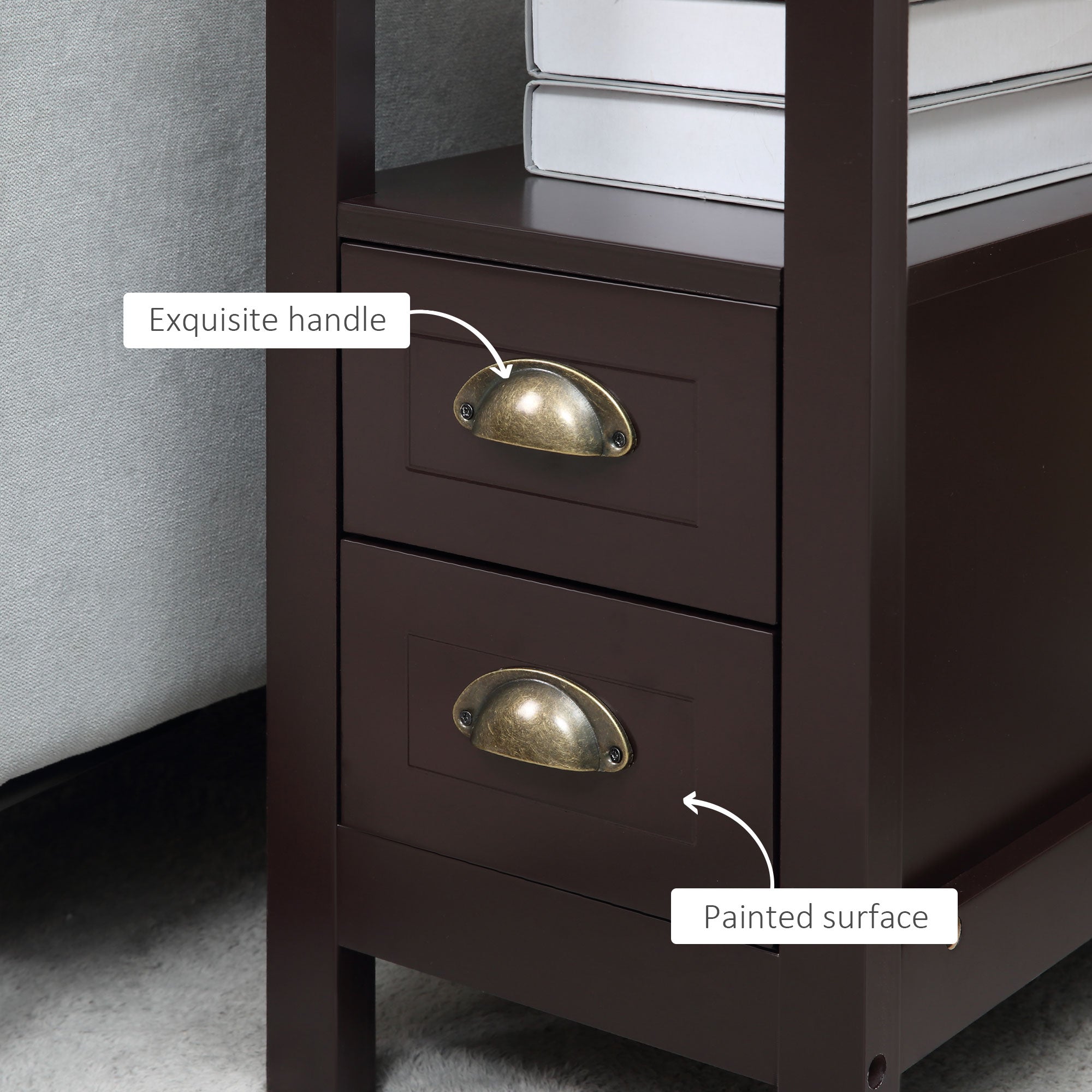 HOMCOM Slim Side Table: Narrow End Table with 2 Drawers and Storage Shelf, Sofa Side Table for Living Room, Compact Nightstand 