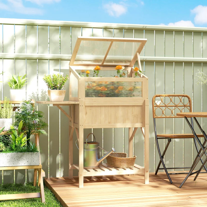 Raised Garden Bed Planter with Cold Frame, Wooden Elevated Planter Box with Folding Side Table and Shelf, Natural Wood