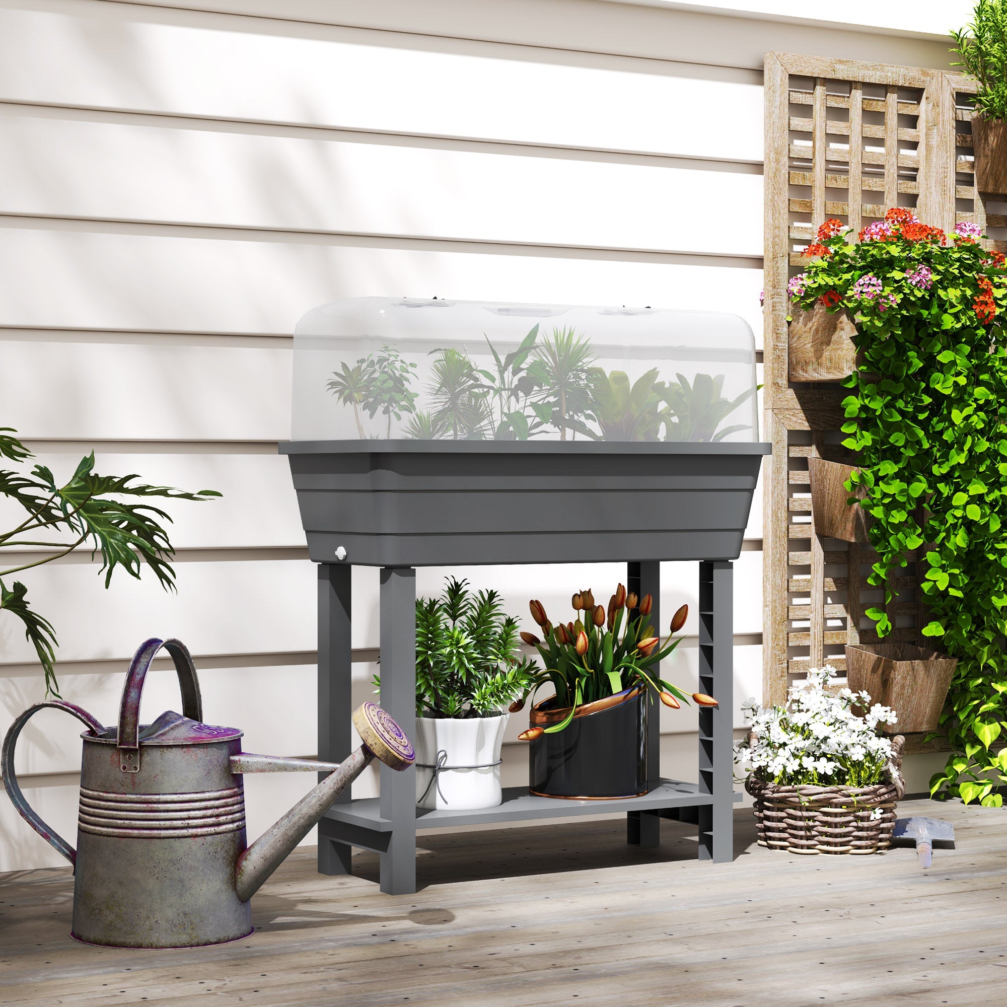 Outsunny 41L Self Watering Raised Garden Bed w/ Ventilation Transparent Lid Greenhouse, Planter Box w/ Storage Shelf, Dark Grey 