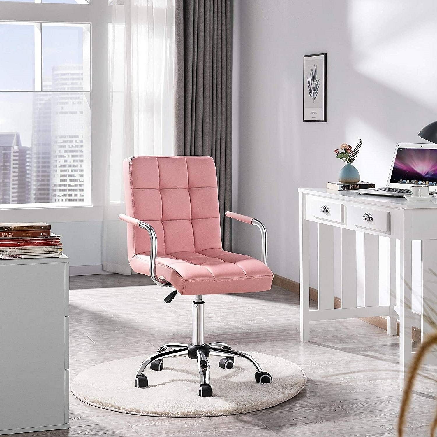 Pink Modern Faux Leather Mid-Back Swivel Office Chair with Armrests and Wheels - Free Shipping 