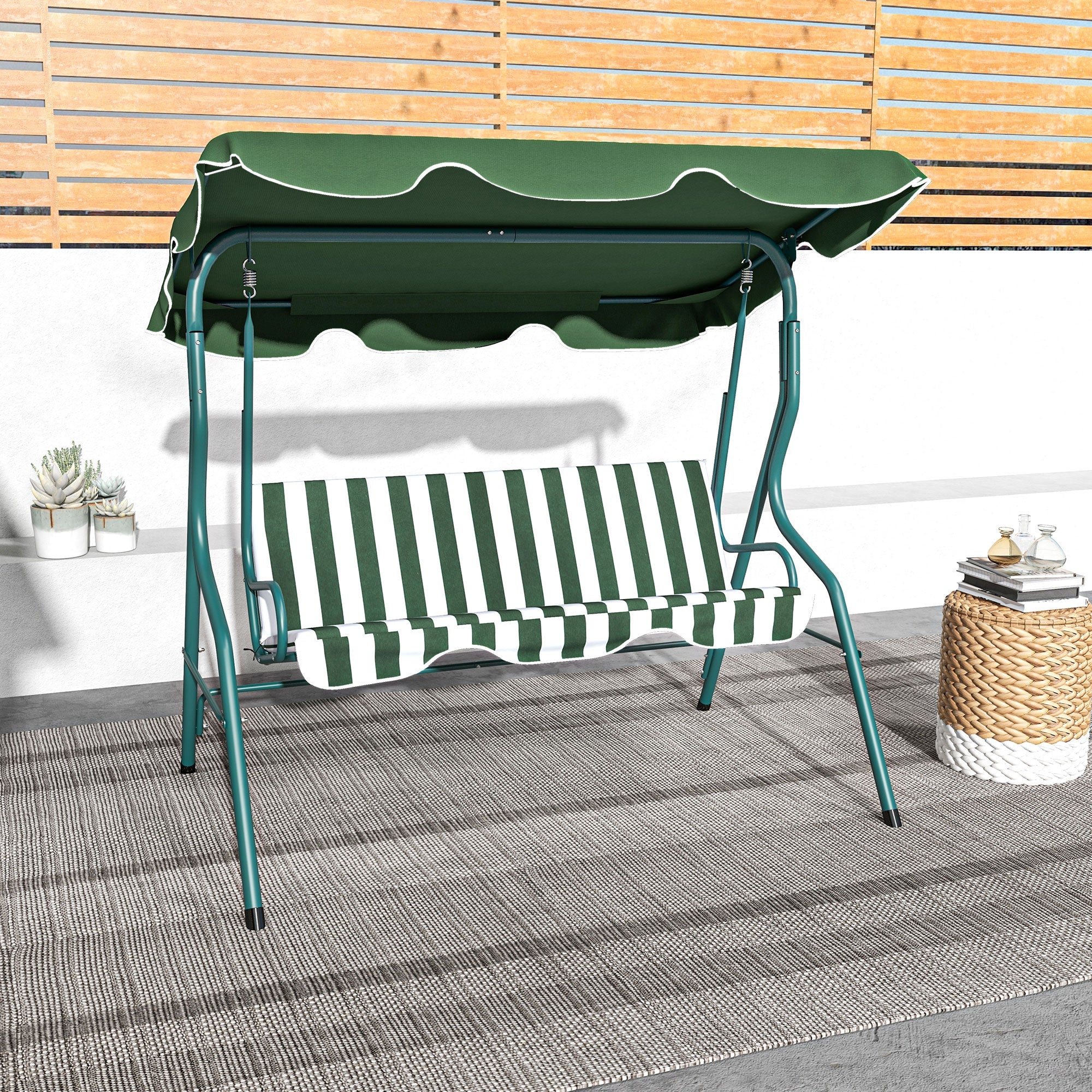 Outsunny Patio Swing Chair: 3-Seater Outdoor Porch Swing with Adjustable Canopy Cushion Green 