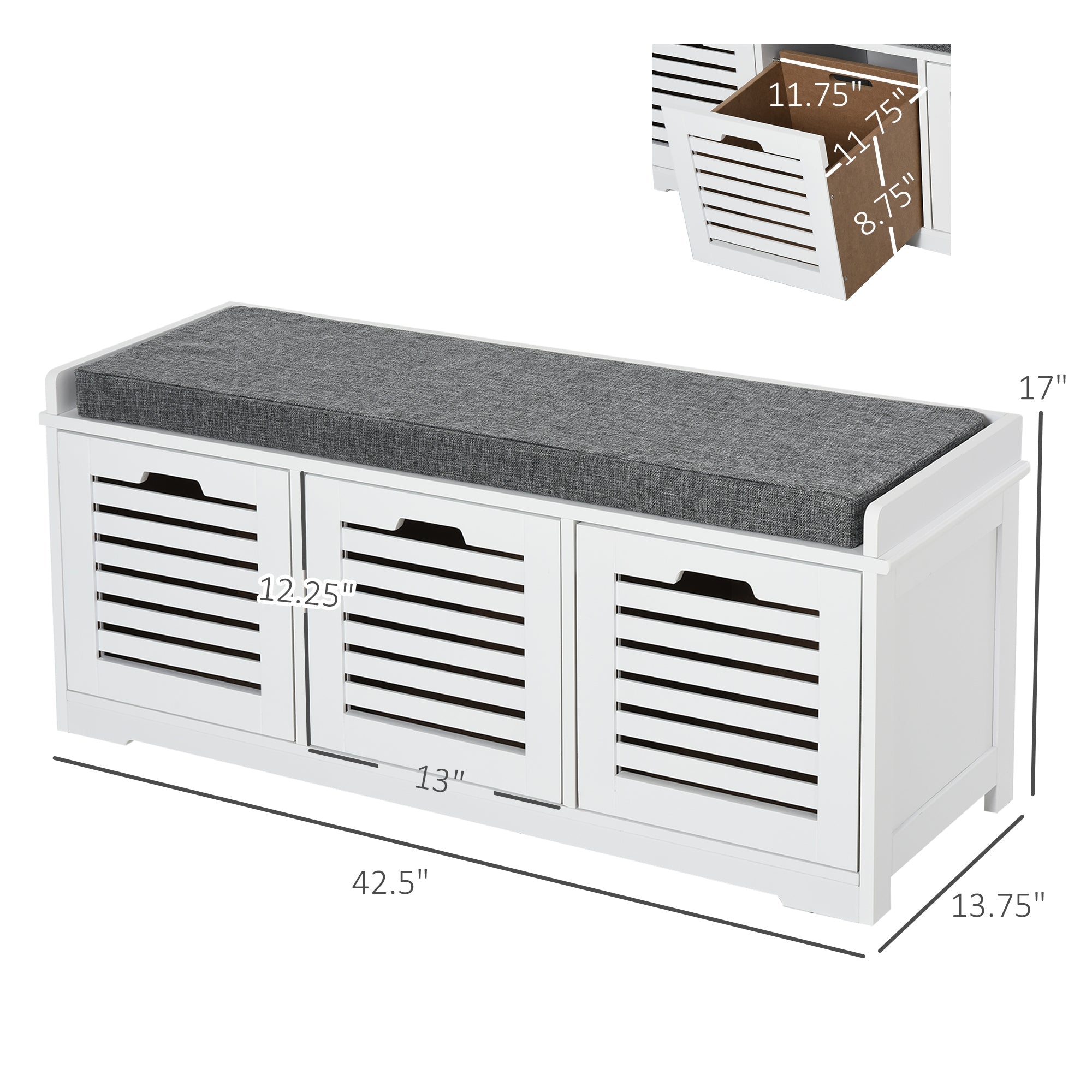 HOMCOM Upholstered Shoe Haven: Storage Bench with Padded Cushion, 3 Drawers, Ample Space for Living Room 
