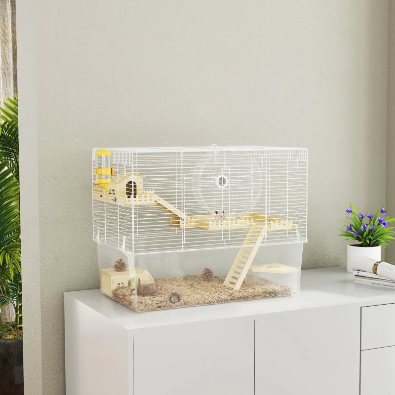 Hamster Cage with Deep Bottom, Wooden Ramp, Hut, Bathroom and Exercise Wheel for Hamster and Gerbil, White