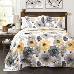 Full/Queen White Yellow Grey Flowers Lightweight Polyester Microfiber Quilt Set - Free Shipping 
