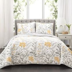 Full/Queen size Yellow Grey Floral Light Thin Cotton Polyester Blend Quilt Set - Free Shipping 