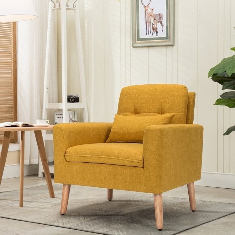 Yellow Linen Mid-Century Modern Living Room Accent Chair with Pillow - Free Shipping 