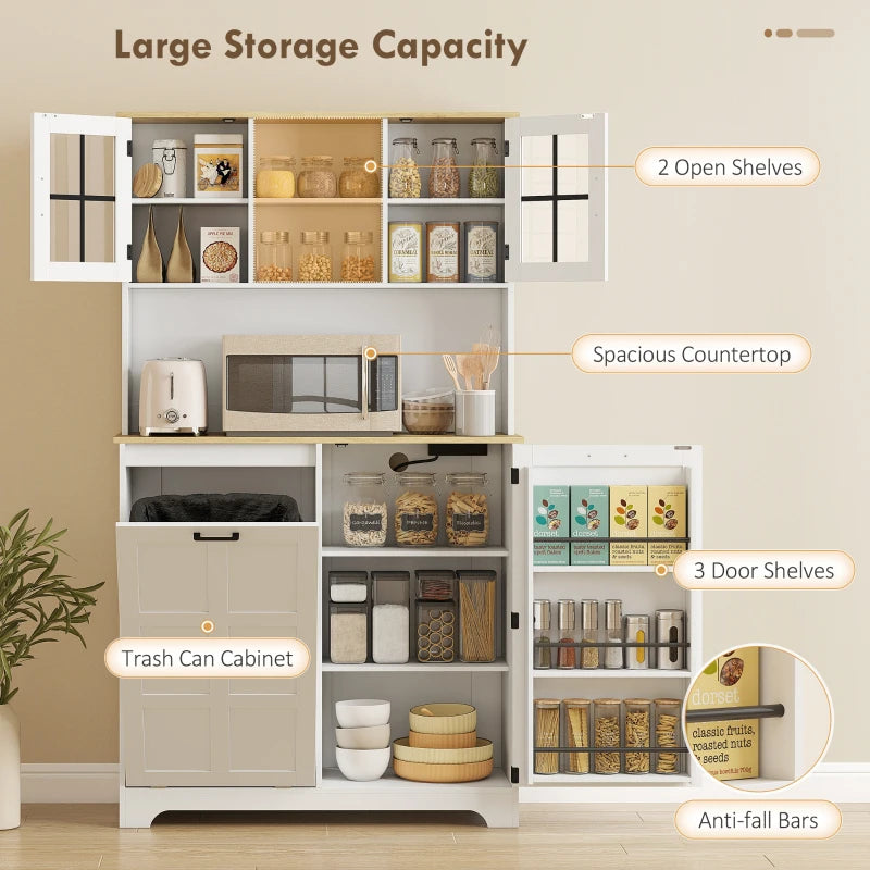 Kitchen Pantry Cabinet with Charging Station, 7 Gallon Trash Can Cabinet, Adjustable Shelves and Acrylic Doors, Multifunctional Cabinet, White