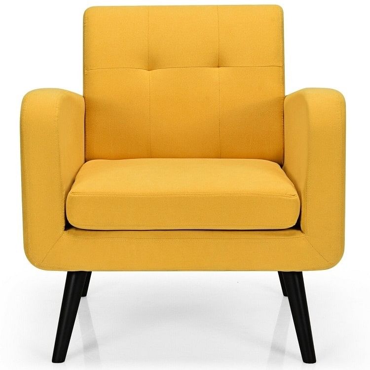 Mid-Century Modern Yellow Linen Upholstered Accent Chair with Wooden Legs - Free Shipping