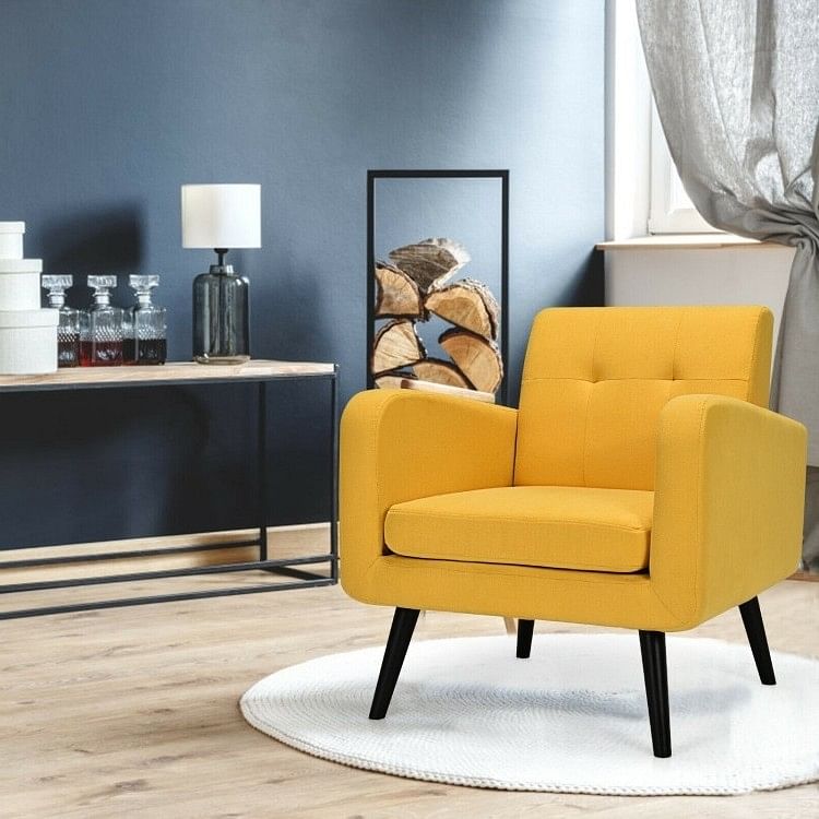 Mid-Century Modern Yellow Linen Upholstered Accent Chair with Wooden Legs - Free Shipping