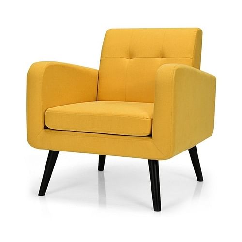 Mid-Century Modern Yellow Linen Upholstered Accent Chair with Wooden Legs - Free Shipping