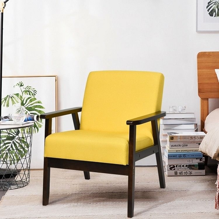 Retro Modern Classic Yellow Linen Wide Accent Chair with Espresso Wood Frame - Free Shipping