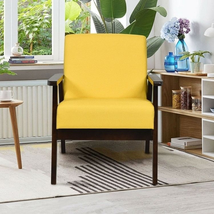 Retro Modern Classic Yellow Linen Wide Accent Chair with Espresso Wood Frame - Free Shipping