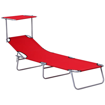 Outsunny Adjustable Garden Chaise Lounge Outdoor Camping Beach Lounging Bed Reclining Seat Portable with Sun Shade (Red) 