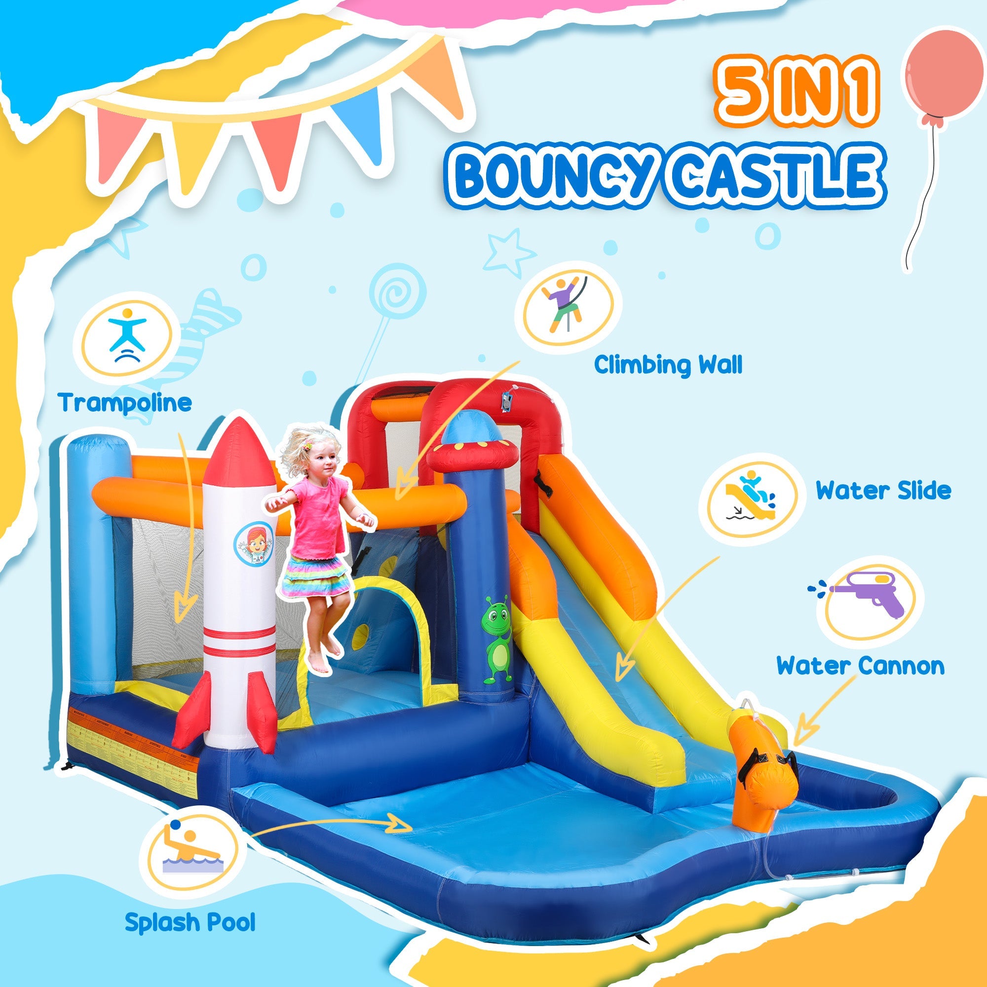 Qaba 5 in 1 Inflatable Bouncy Castle for Kids with 550W Blower, Splash Pool, Jumping Area, Climbing Wall, Cannon 