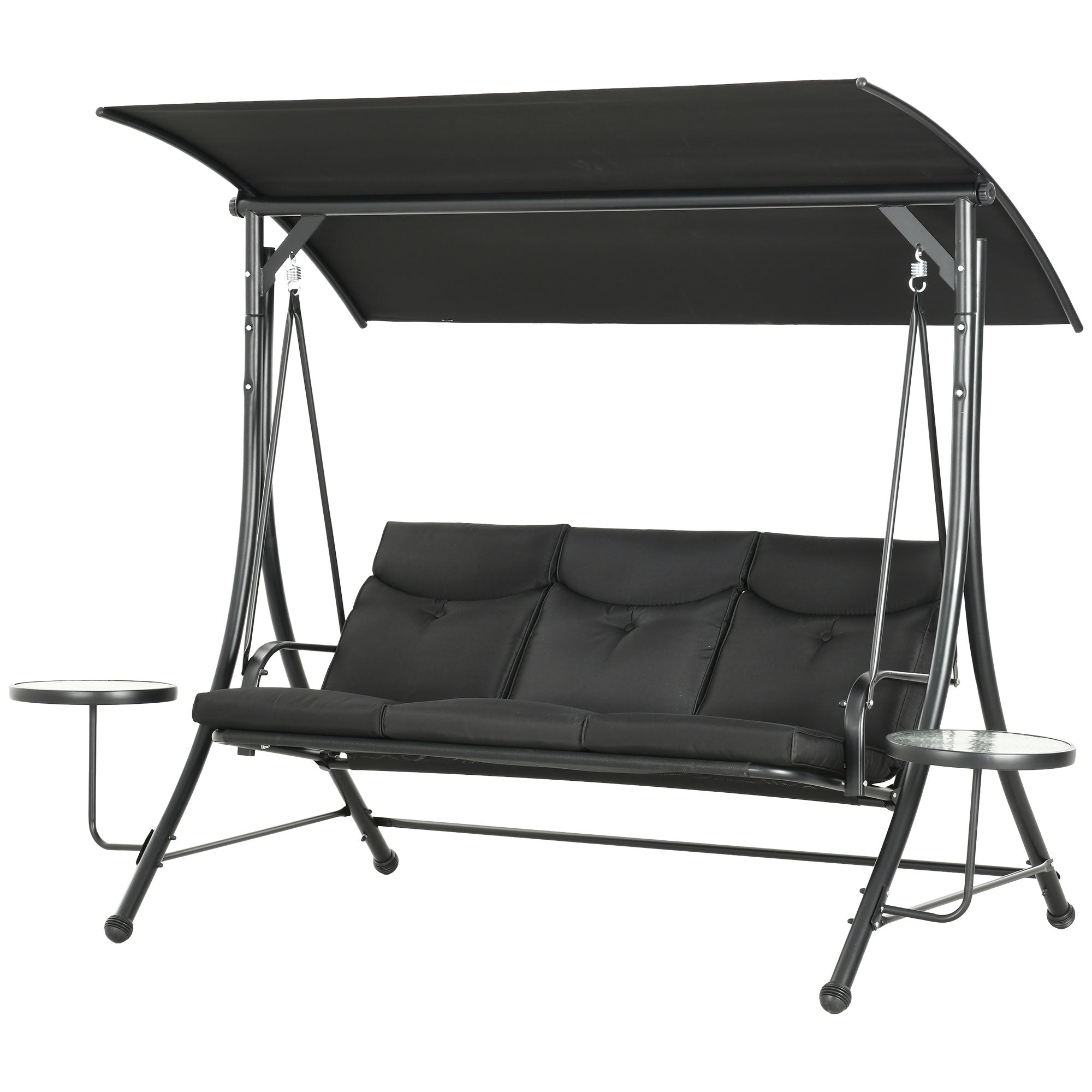 Outsunny 3 Seat Outdoor Swing Bench with Adjustable Canopy Coffee Table Cushions for Patio Garden Black 