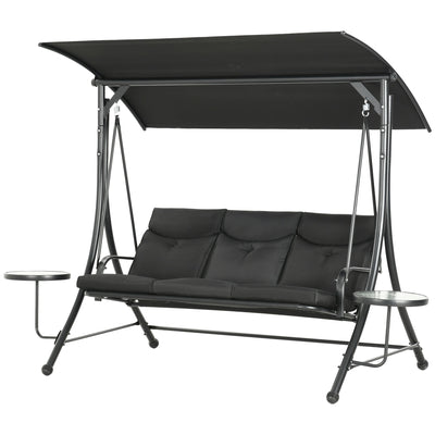 Outsunny 3 Seat Outdoor Swing Bench with Adjustable Canopy Coffee Table Cushions for Patio Garden Black 