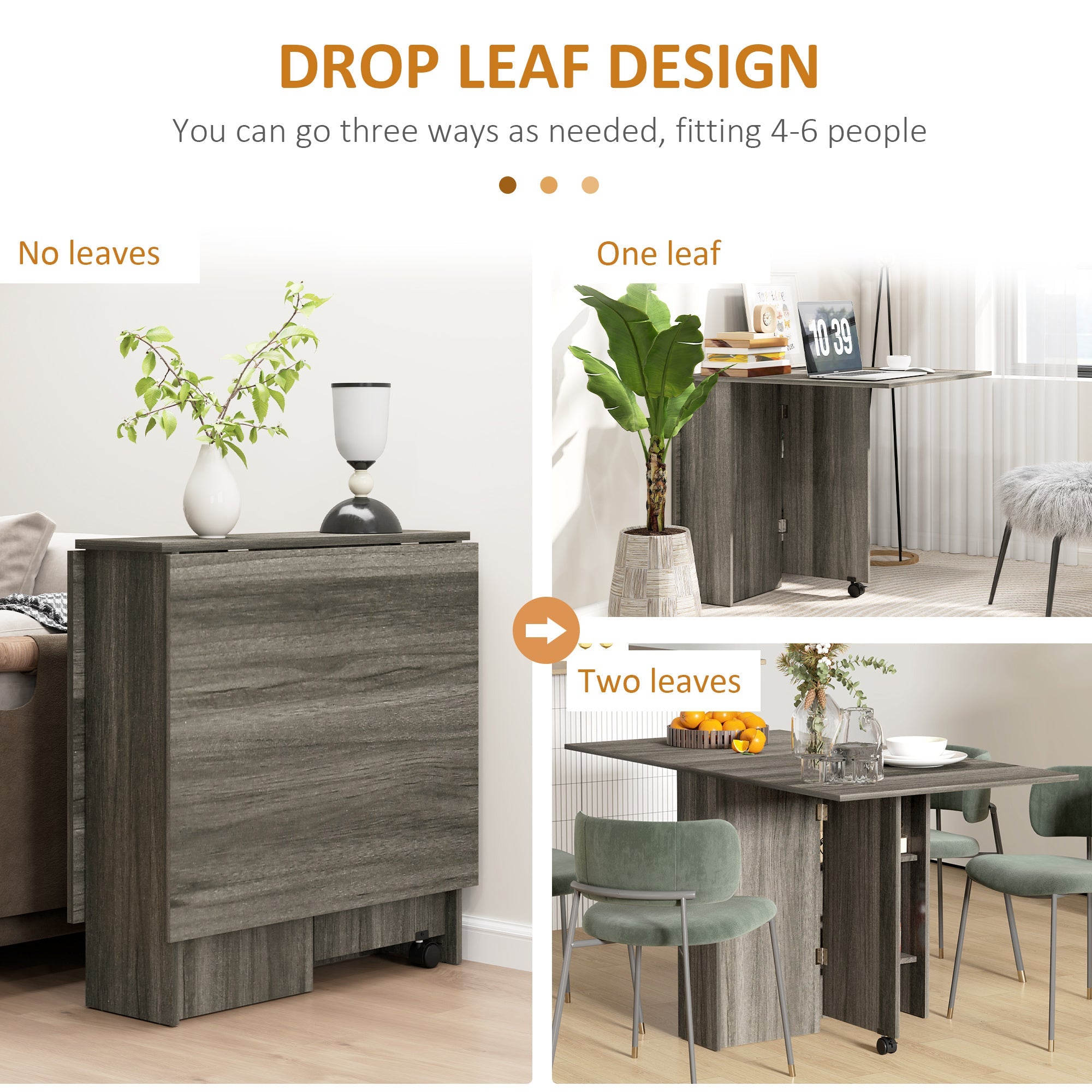 HOMCOM Extendable Dining Table, Collapsible Folding Table w/ 2-tier Shelves and Rolling Casters, Grey Wood Grain 