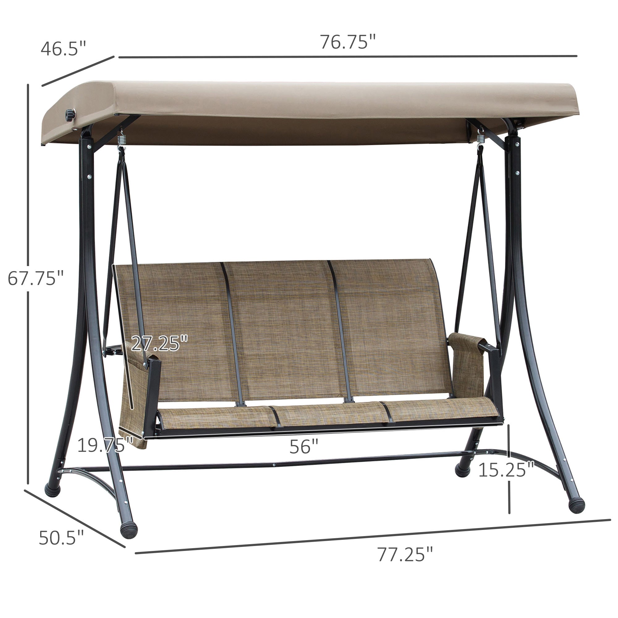 Outsunny 3 Person Porch Swing Outdoor Swing Chair with High Back Design, Side Pouches and Adjustable Canopy, Brown 