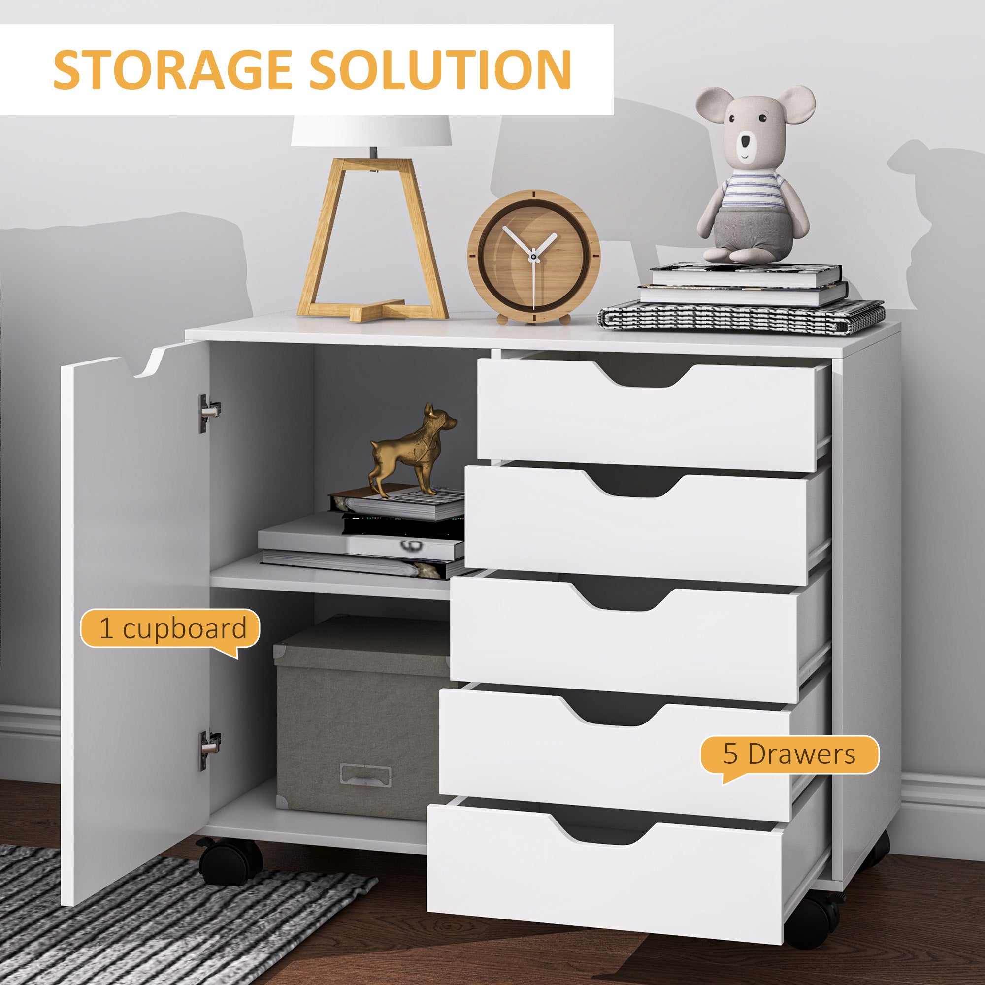 HOMCOM Mobile File Cabinet: 5 Drawers, Adjustable Shelf & Rolling Printer Stand for Study Organization 