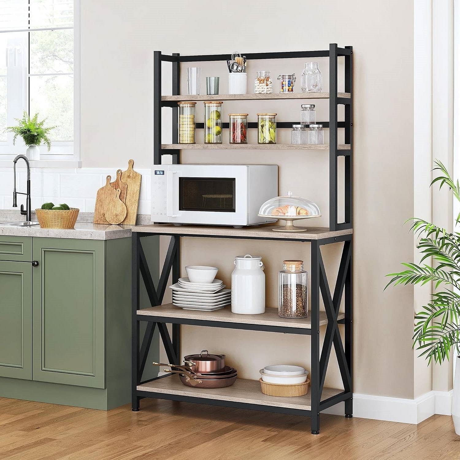 Modern Black Metal Grey Wood Bakers Rack Microwave Stand Kitchen Shelving Unit - Free Shipping