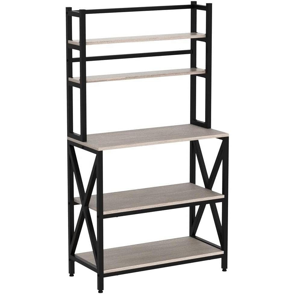 Modern Black Metal Grey Wood Bakers Rack Microwave Stand Kitchen Shelving Unit - Free Shipping