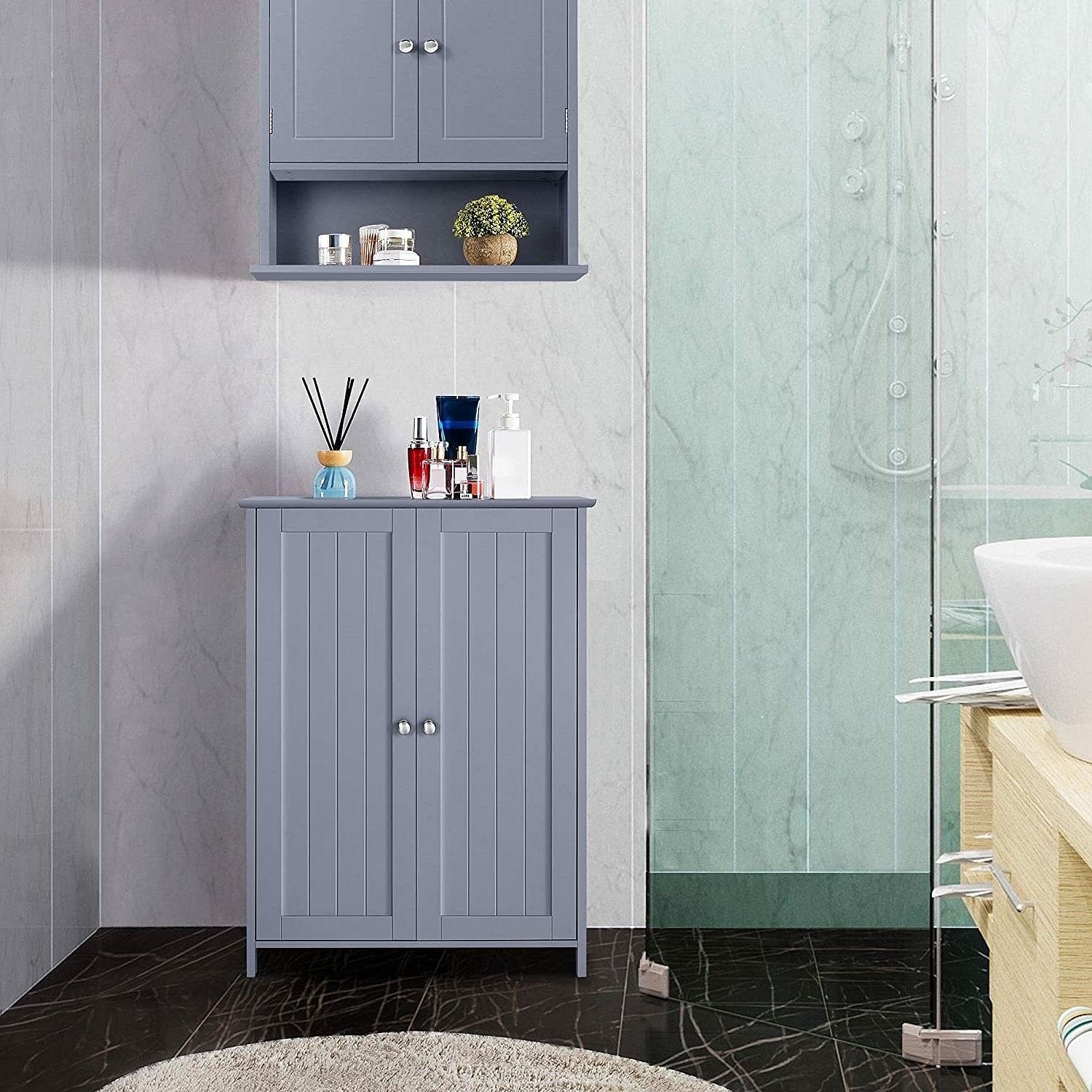 Gray Wood 2-Door Freestanding Bathroom Floor Cabinet Kitchen Storage Cupboard - Free Shipping