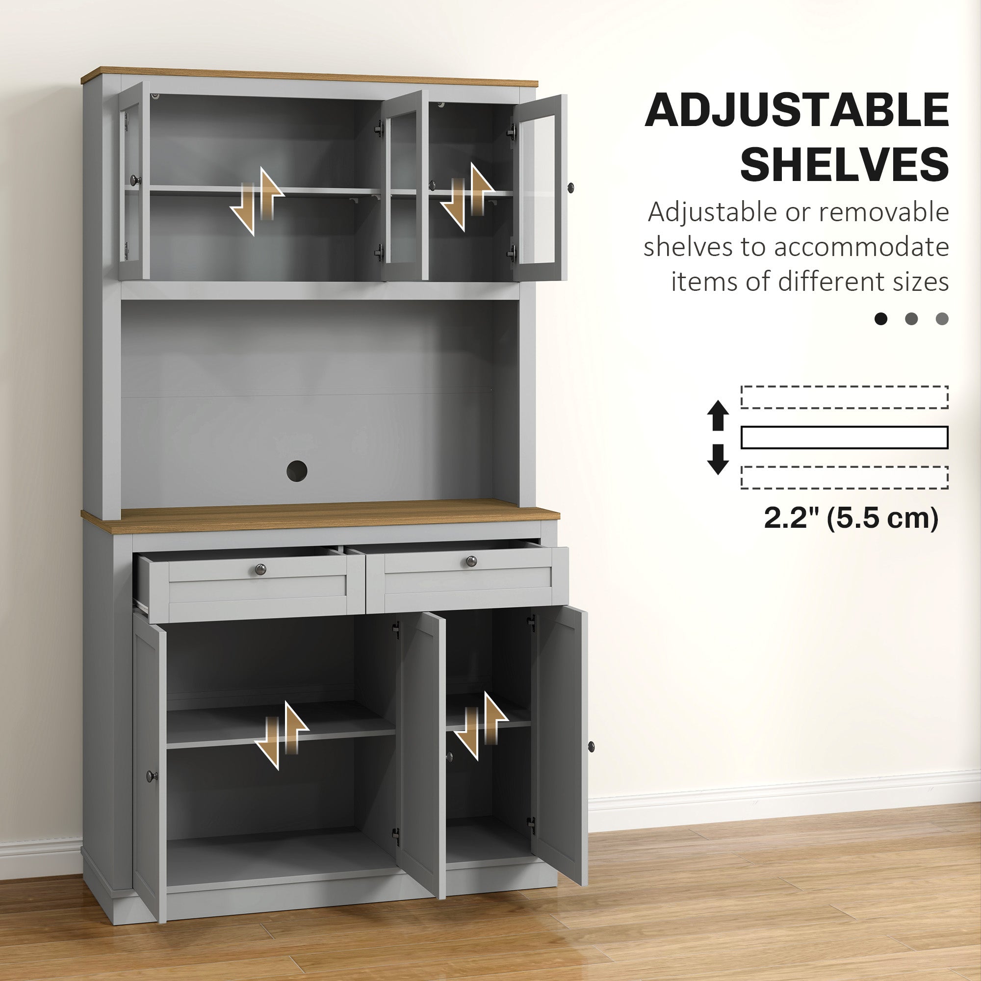 HOMCOM 71" Pantry Cabinet with Microwave Space, Buffet with Hutch, 2 Drawers, Adjustable Shelves and Glass Doors, Grey 
