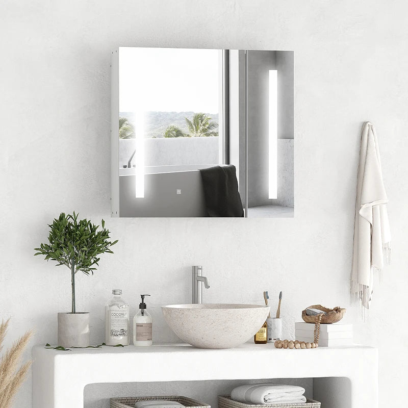 LED Medicine Cabinet with Mirror and Lights, 27.5" x 25.5" Lighted Bathroom Wall Cabinet, Bathroom Mirror Cabinet with Adjustable Shelf, USB Charge, White