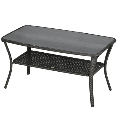 Outsunny Outdoor Coffee Table 43.3" x 23.6" Patio PE Rattan with Storage Shelf Wicker Side Table Glass Top Black 